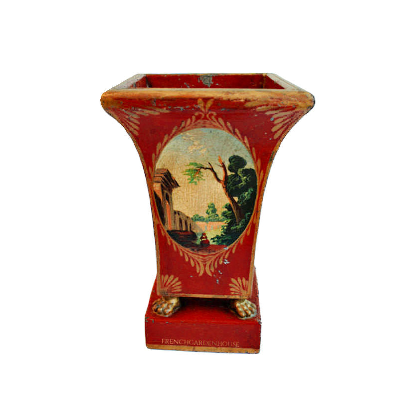 Antique French Directoire style tole peinte with red patina and hand-painted scenes depicting a rural scene and a tree with a house in the background.