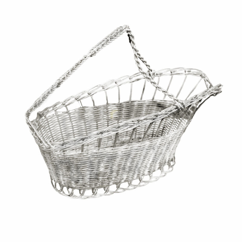 Vintage French Silvered Woven Metal Wine Bottle Carrier Basket