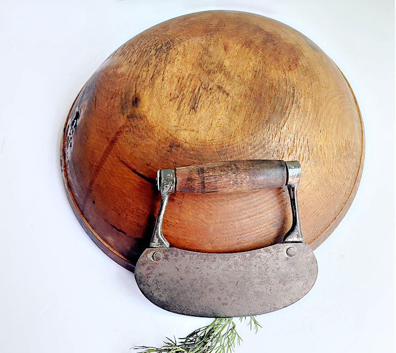 Antique Turned Wood Bowl with 19th Century Herb Chopper