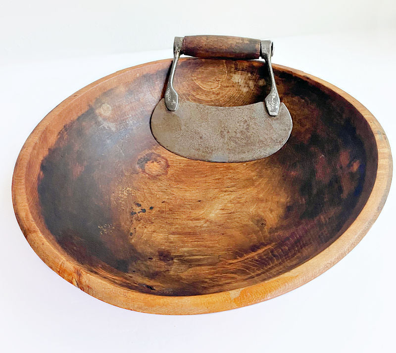 Antique Turned Wood Bowl with 19th Century Herb Chopper