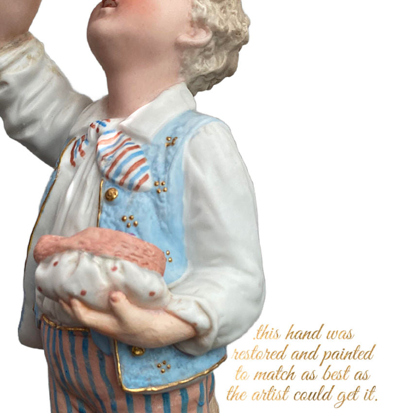 Rare Matched Pair of Antique Bisque Heubach Figurals - Girl & Boy Enjoying Sweets