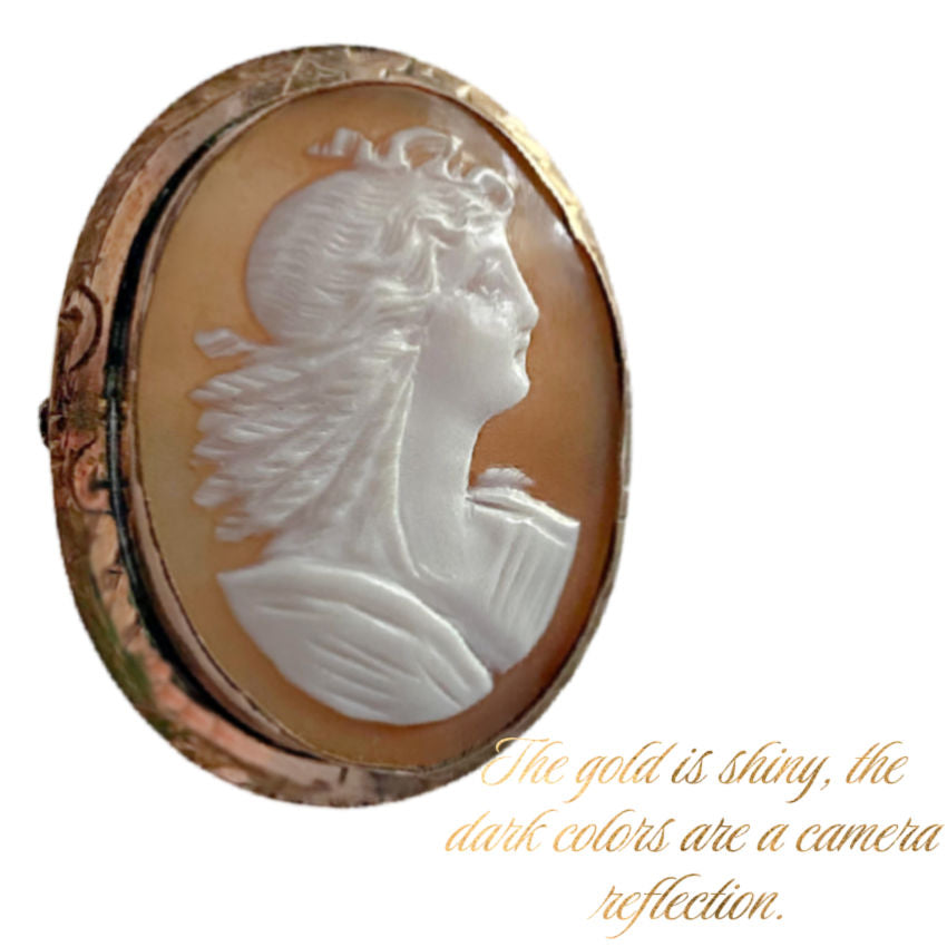 Romantic Hand-Carved Shell Cameo Brooch in Gold Engraved Bezel