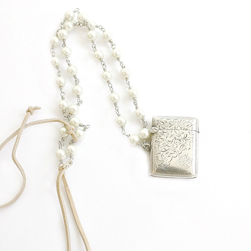 antique vesta necklace, sterling silver vesta, antique match safe necklace, english sterling silver, antique silver necklace, pearl chain necklace, heirloom jewelry, antique pendant necklace, collectible antique jewelry, romantic antique jewelry