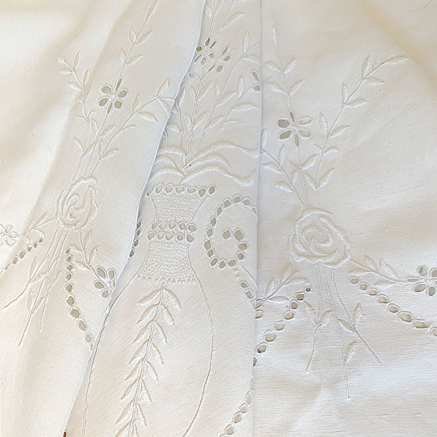 Antique Linen Hand Embroidered Madeira Round Tea Cloth Floral Urns