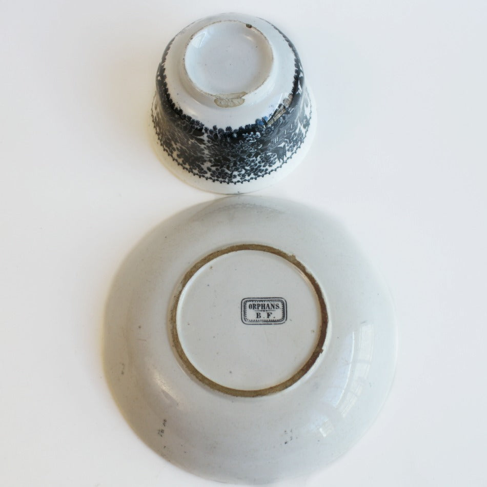 Early Antique Black Transfer Tea Cup and Saucer Orphans