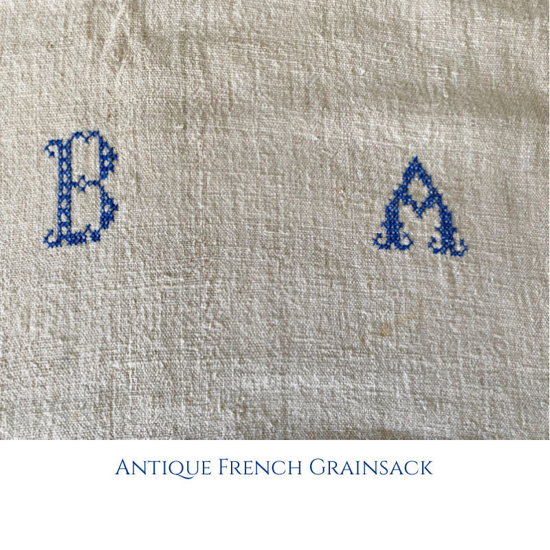 Antique French Hand Woven Linen Grain Sack Blue Monogram B A
