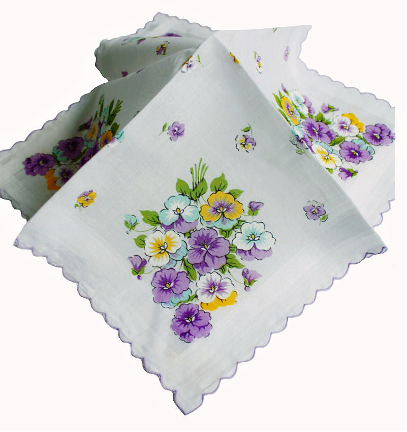 Vintage Swiss Scalloped Handkerchief with Pansies