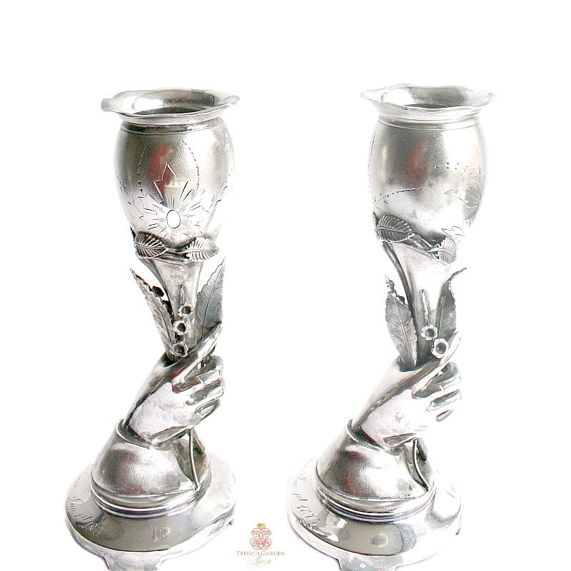 Rare pair of 9½" antique silver plated hand vases with Lily of the Valley motif; exquisite Victorian detail and patina—stunning botanical decorative pieces.