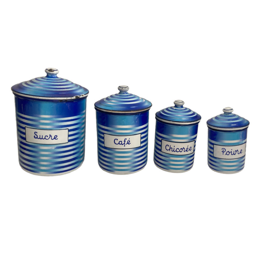 Set of Four 1920's French Antique Blue and White Striped Enameled Canisters