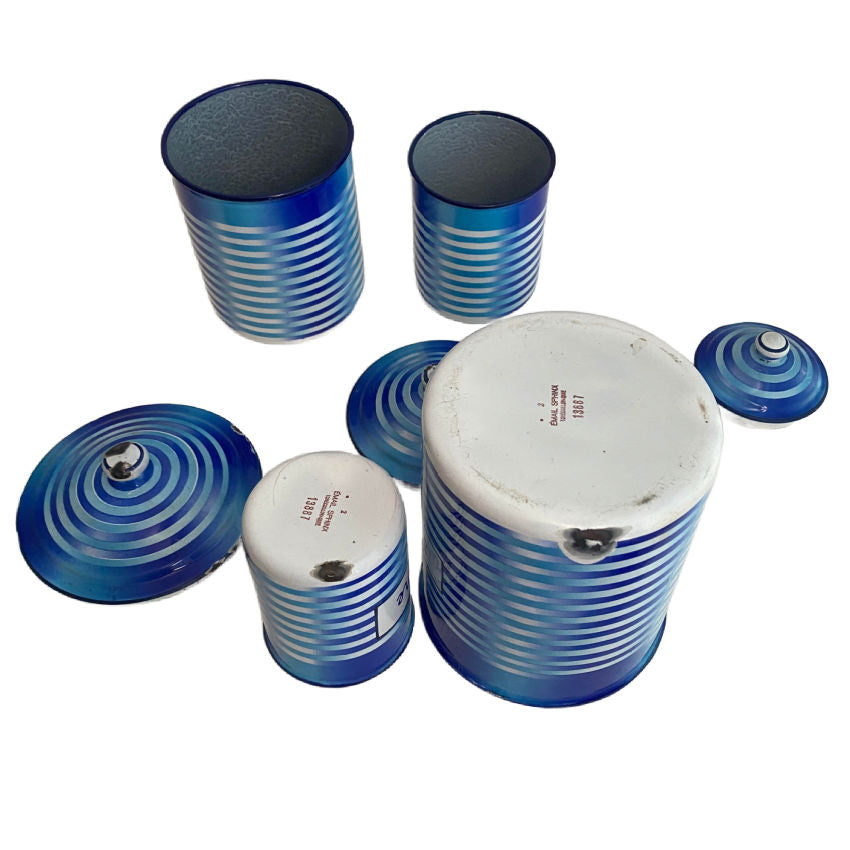 Set of Four 1920's French Antique Blue and White Striped Enameled Canisters
