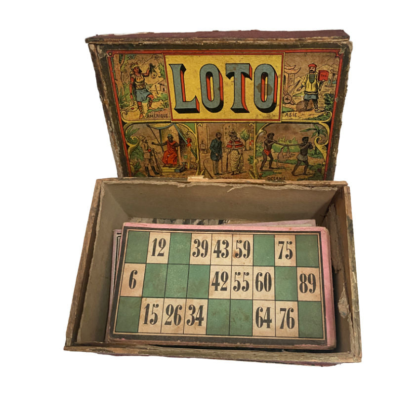 Antique French Loto Game Cards in Shabby Box