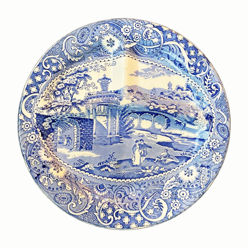 Antique Staffordshire blue and white divided transfer plate with a floral and landscape design