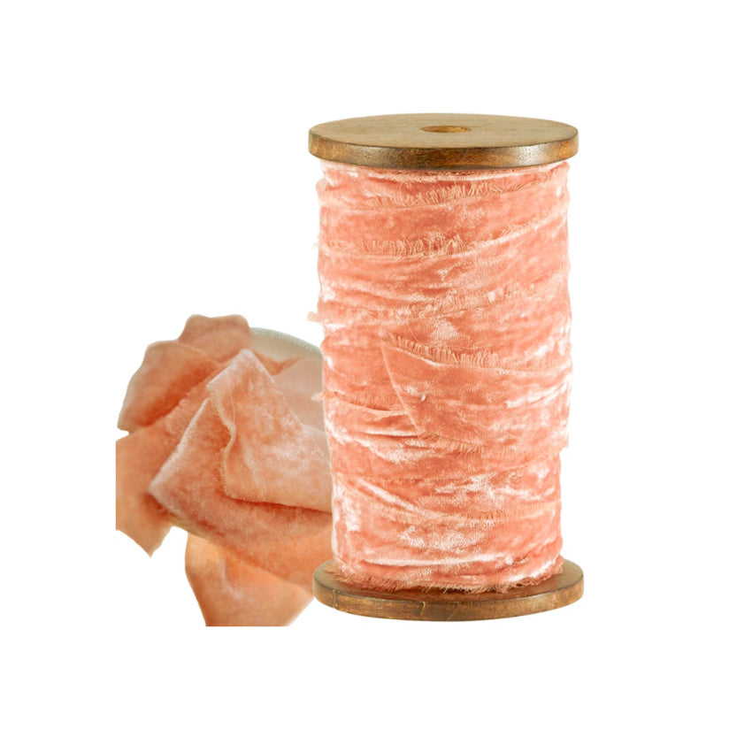 Antiqued Frayed Velvet Ribbon in Apricot Rose adds vintage Parisian charm to gifts, florals, and décor—soft, romantic, and beautifully handcrafted.