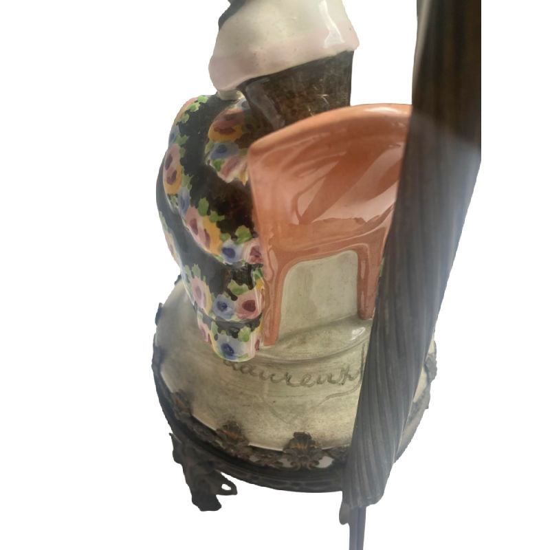 signed authentic Art Deco porcelain figural lamp with French silk and metallic gold shade