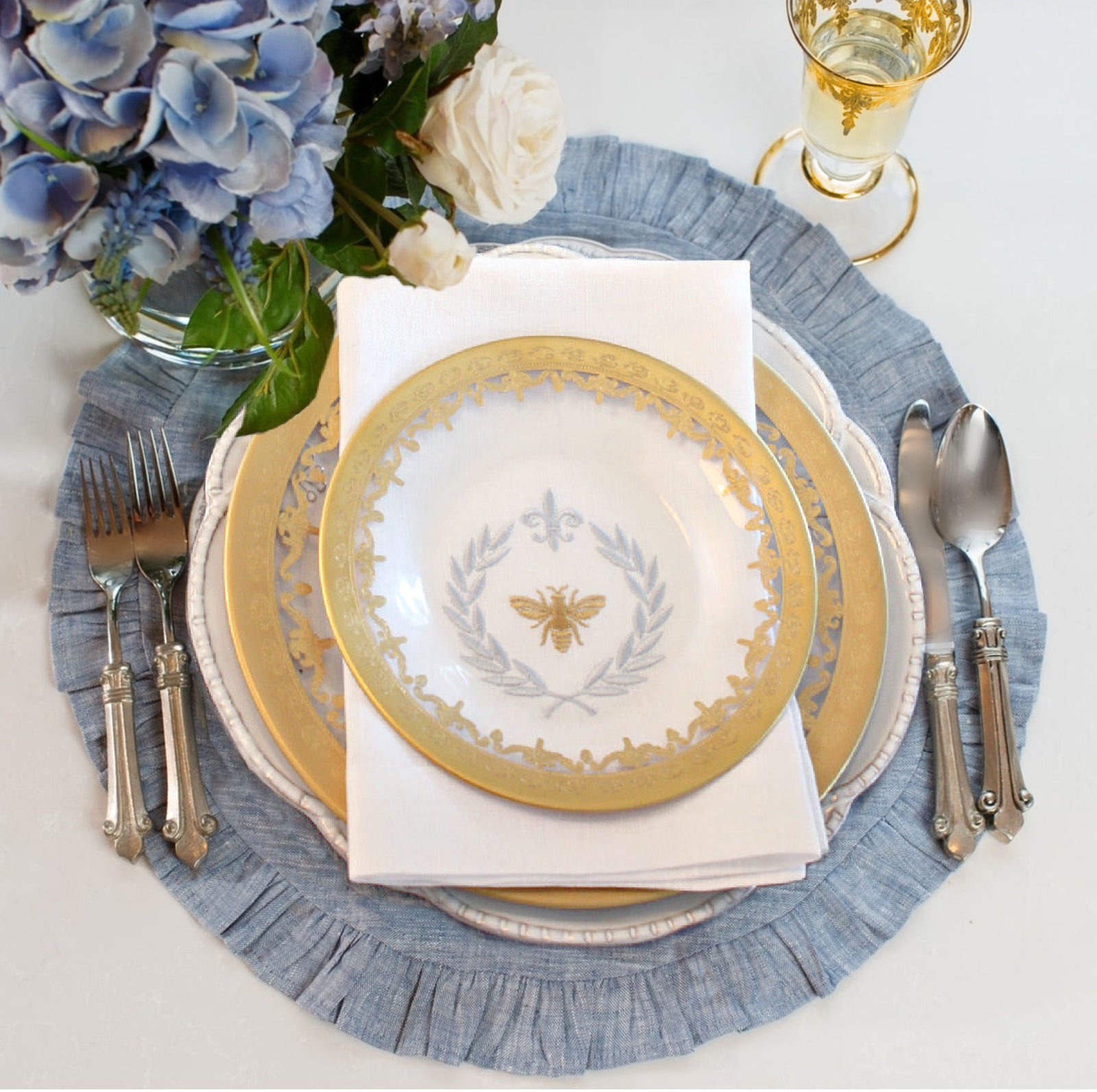Chambray Blue Round Chambray Linen Ruffle Placemat