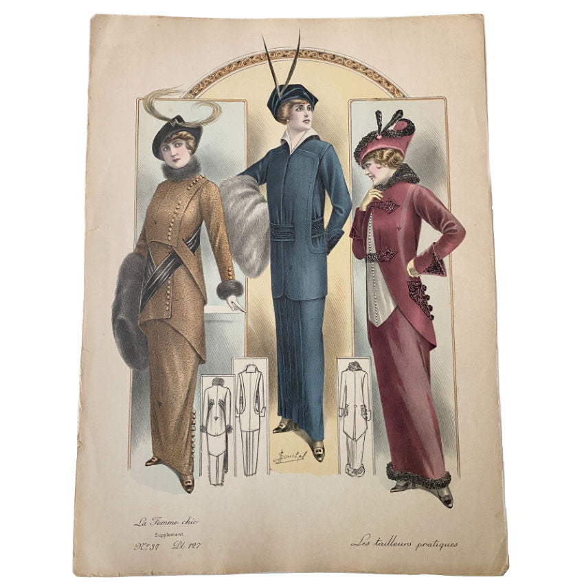 Parisian Couture Fashion plate-priint  in chromolithgraph colors with furs and hats from the early 1900's