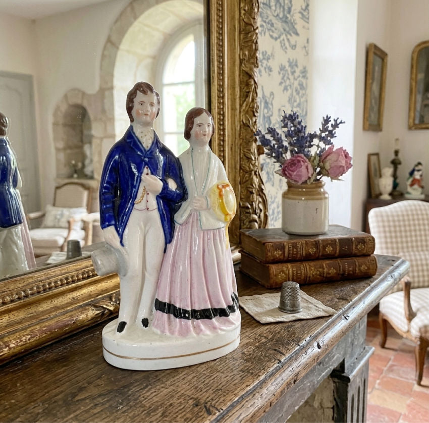 antique staffordshire royal couple for romantic mantel styling