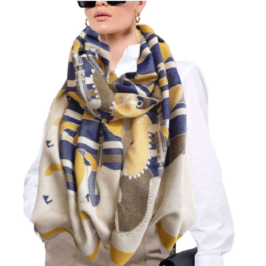 Oversized luxury French wool horse scarf navy blue