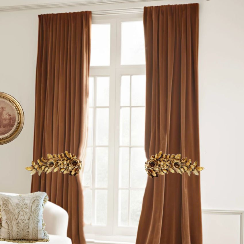 french carved wood rose tiebacks gold patina antique curtain holders pair Holding pink velvet curtains in elegant home