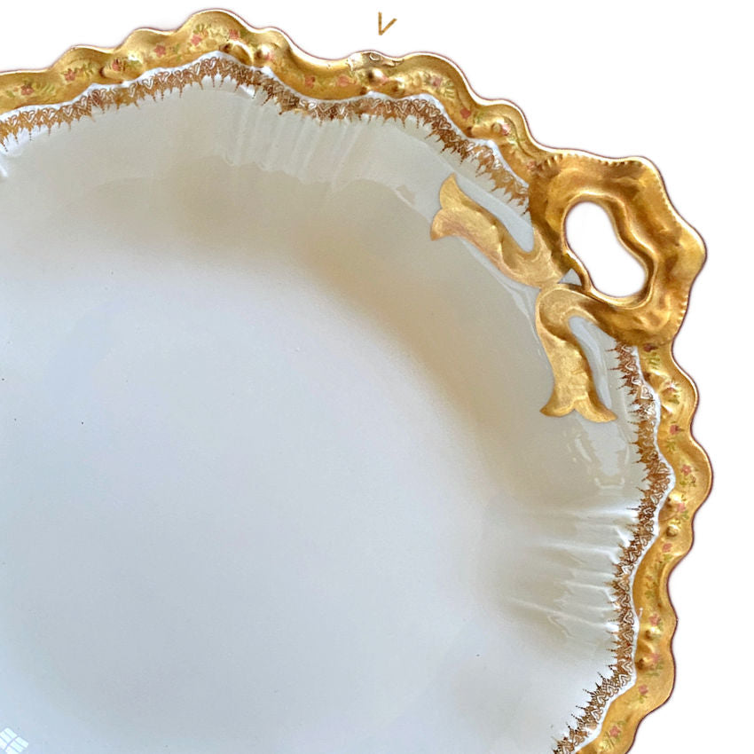 Antique Jean Pouyat Limoges Gilt Serving Bowl with Bow Handles
