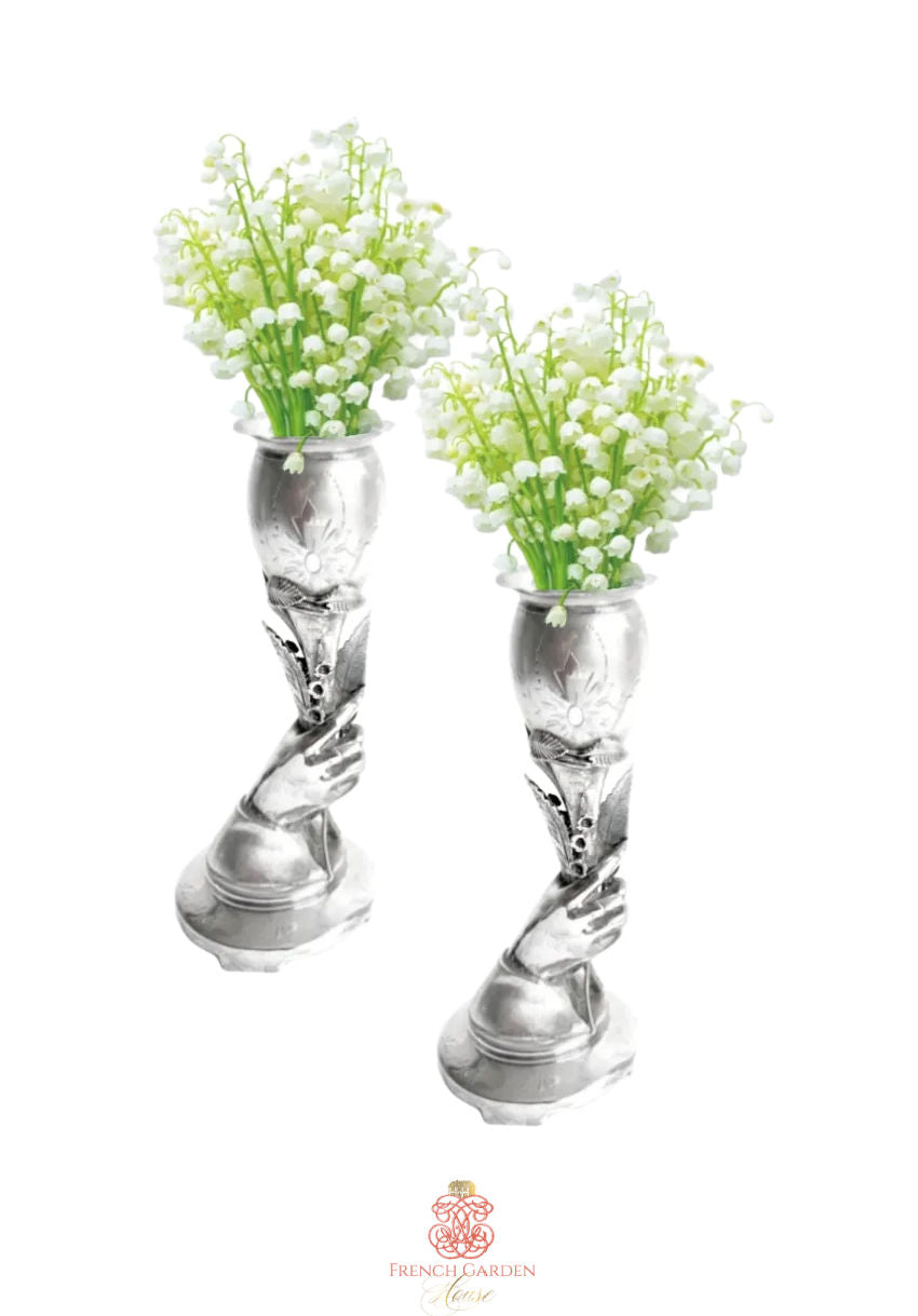 rare antique silverplate, hand vase pair, lily of the valley silver, presentation silver, inscribed antique vase, church presentation gift, french antique decor, pastoral gift, symbolic antique, 19th century silverplate, collectible silver vase, religious antique decor