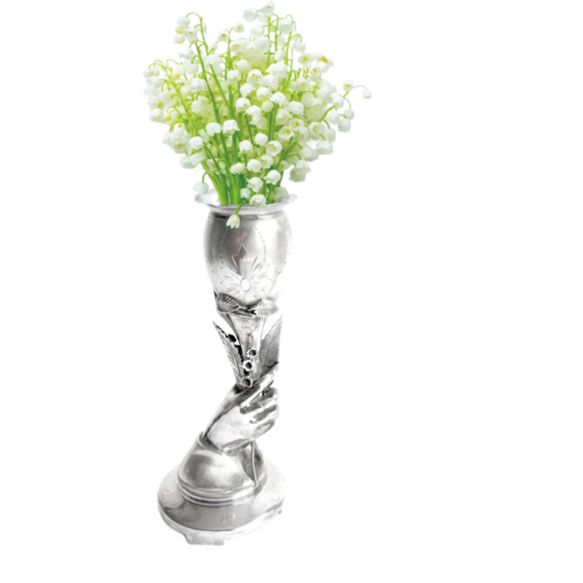 rare antique silverplate, hand vase pair, lily of the valley silver, presentation silver, inscribed antique vase, church presentation gift, french antique decor, pastoral gift, symbolic antique, 19th century silverplate, collectible silver vase, religious antique decor