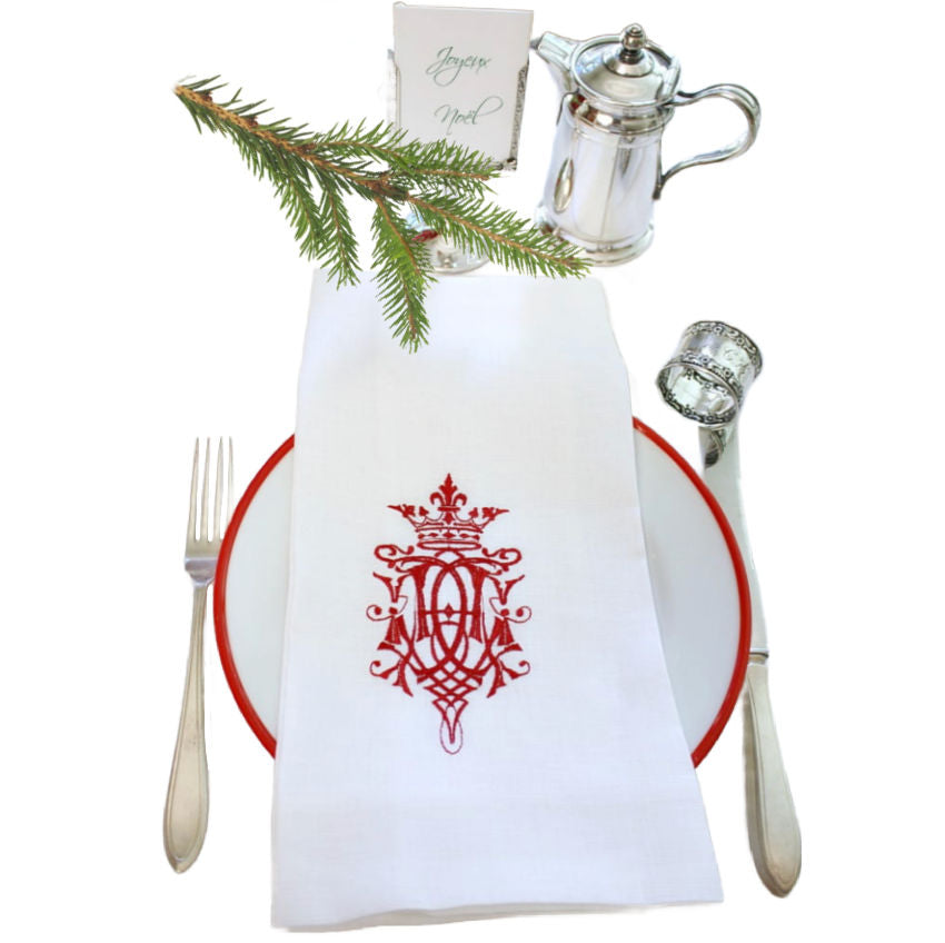 Linen Red Crown and Monogram Embroidered Towel