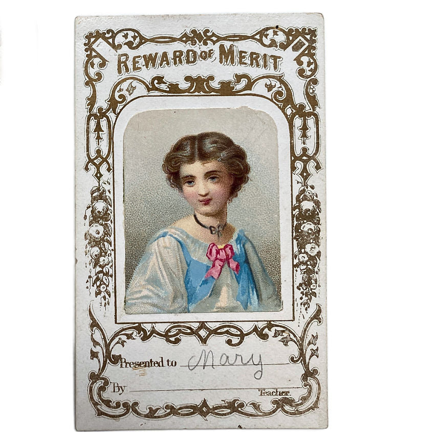 Vintage-style card with a portrait of a woman and decorative border, featuring the text 'Reward of Merit'.