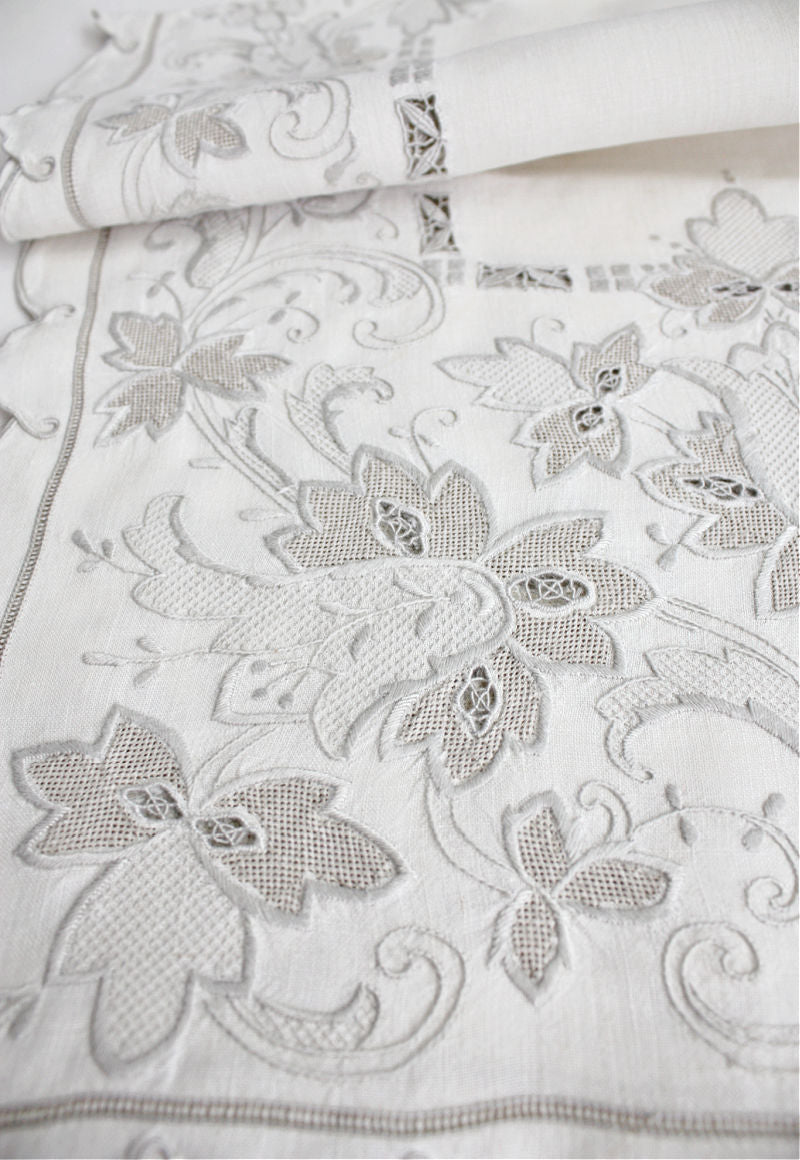 Antique Hand Embroidered Linen Place Setting for 6 with Runner Tulips