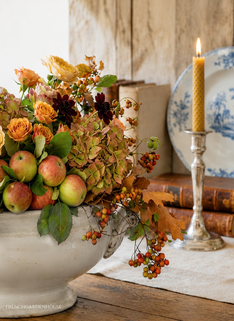  French Country floral centerpiece with tiny apples, burgundy dahlias, apricot and golden roses, hydrangeas and autumn greenery