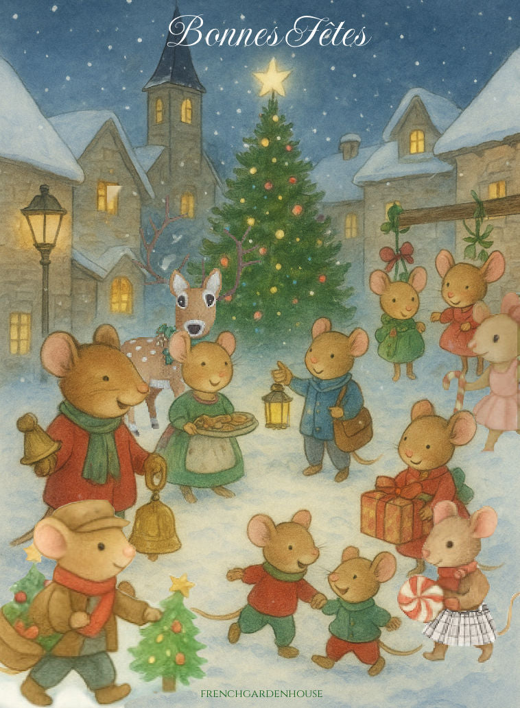 Les Petits Souris—the felted mice of FrenchGardenHouse, they make a whimsical French village come alive at Christmastime.