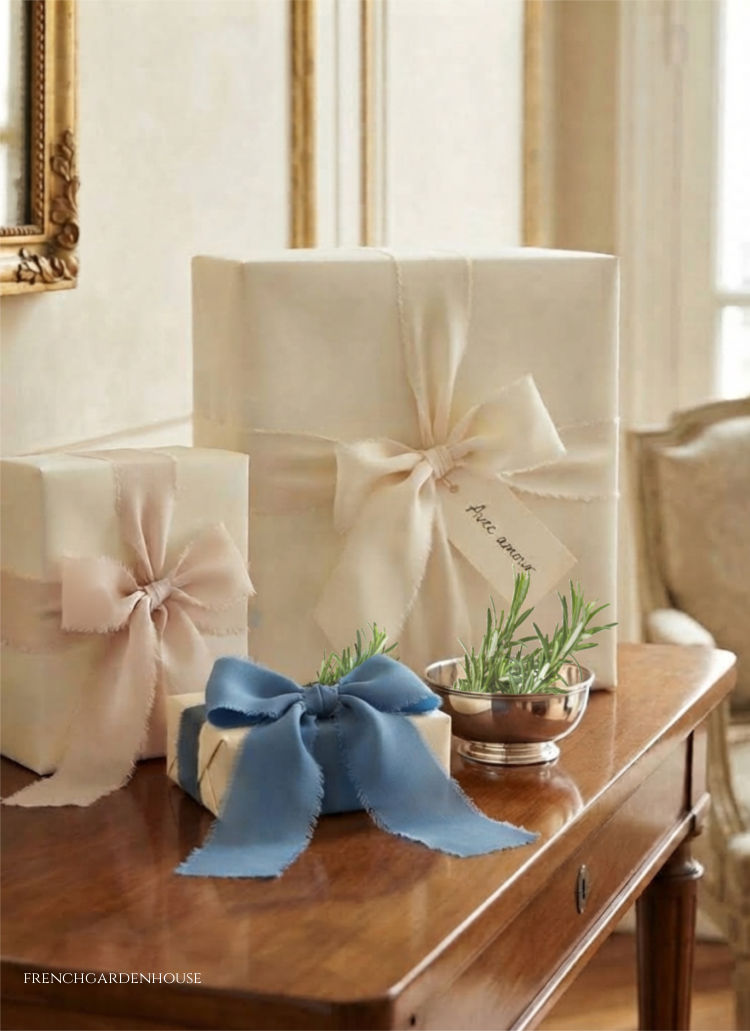 The art of beautiful gift wrappingThree beautifully wrapped gifts with elegant ribbons and bows