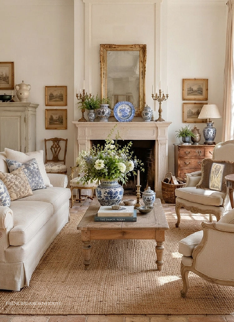 Collected European-style living room filled with French antiques and timeless décor