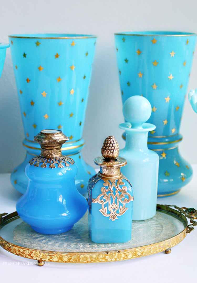 2 good pcs Vintage Blue Glass Bottles with Porcelain Stoppers - Home Decor - Vase