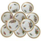 Ten antique Royal Worcester saucers with delicate floral painting, jeweled decoration, and gilt detailing