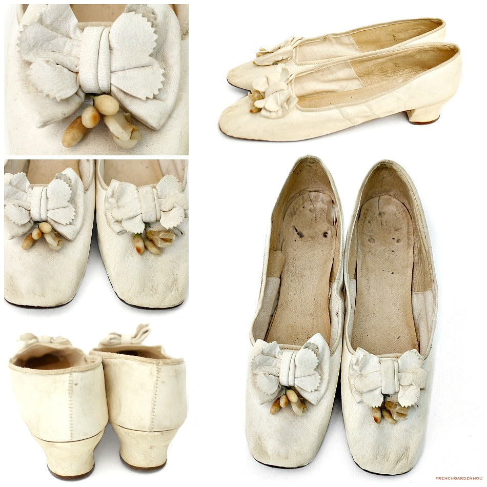 Antique French White Kid Leather & Wax Flowers Wedding Shoes