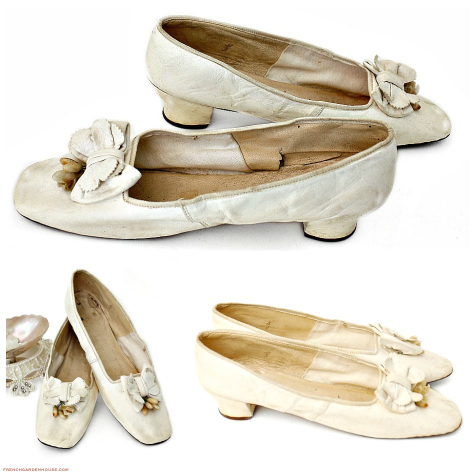 Antique French White Kid Leather & Wax Flowers Wedding Shoes