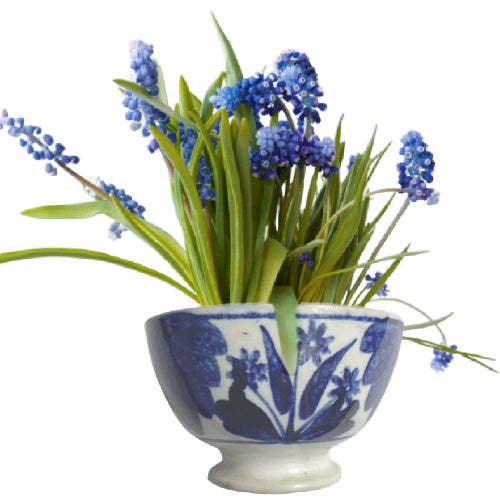 1883 Maastricht Flow Blue bowl with stick spatter decoration planted with blue Muscari Hyacinths