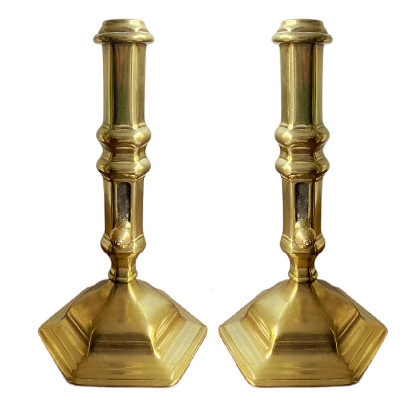 Pair of Rare Antique Brass Side-Eject Candlesticks