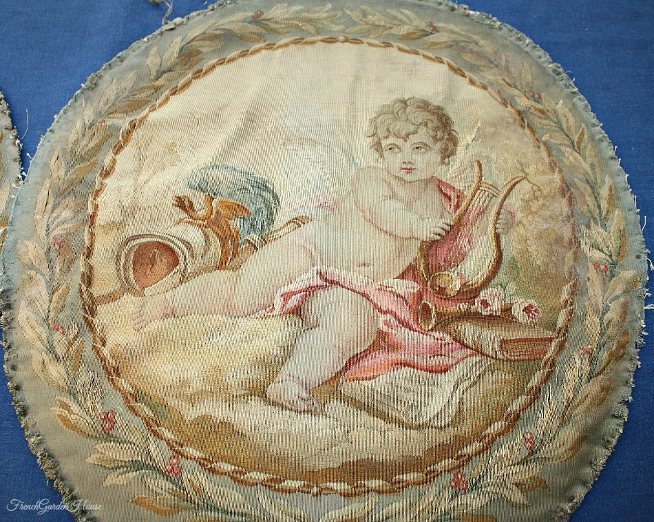 Pair of Antique French Aubusson Pillow Covers Cherub &amp; Roses