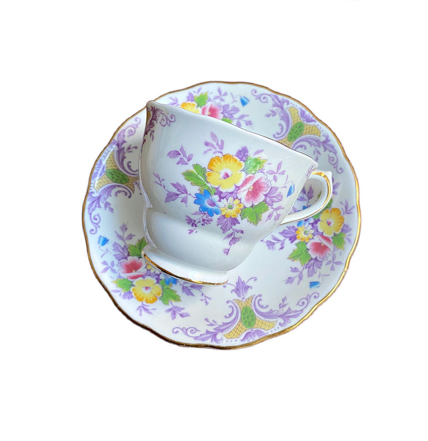 1930&#39;s English Staffordshire Tea Cup with Garden Bouquet and Lavender Details