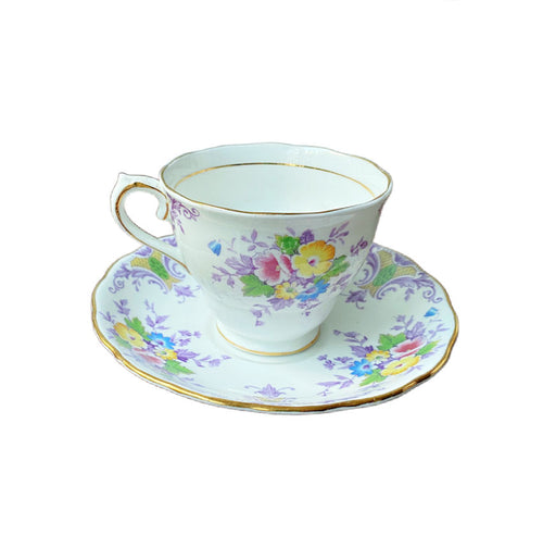 1930's English Staffordshire Tea Cup with Garden Bouquet and Lavender Details