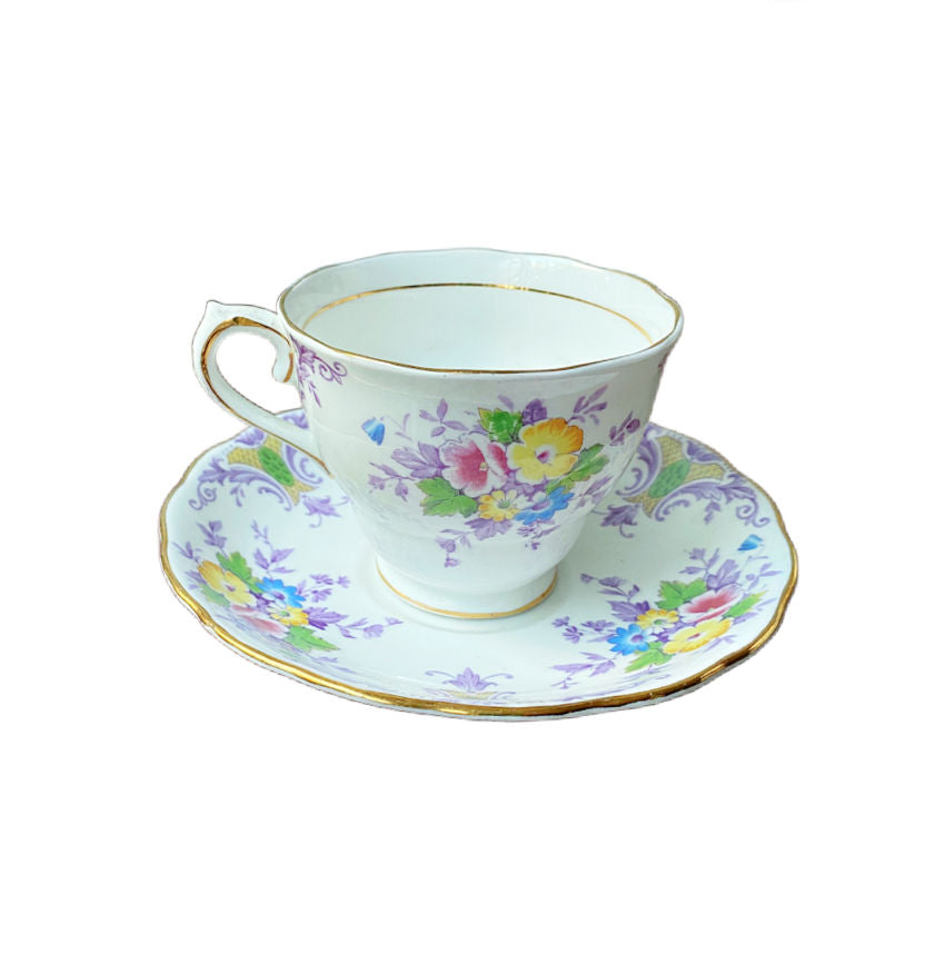 1930's English Staffordshire Tea Cup with Garden Bouquet and Lavender Details