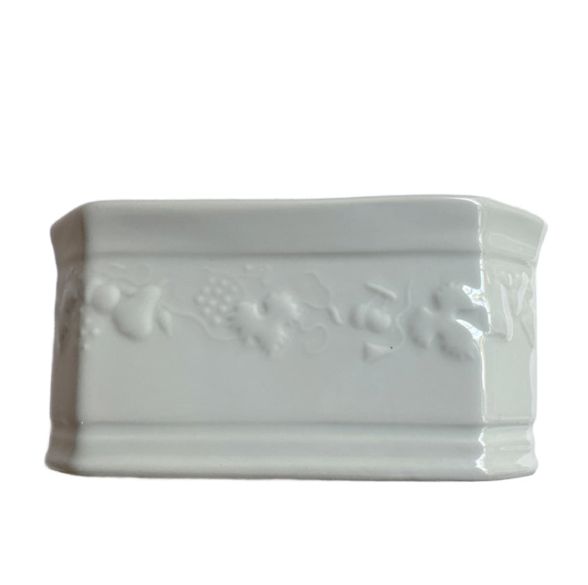 Lourioux, Le Faune, French porcelain, 1930s, small pâté tureen, covered tureen, fruit motif, Art Deco porcelain, white porcelain, French tableware, collectible ceramics, French kitchen décor, small French tureen, French country décor