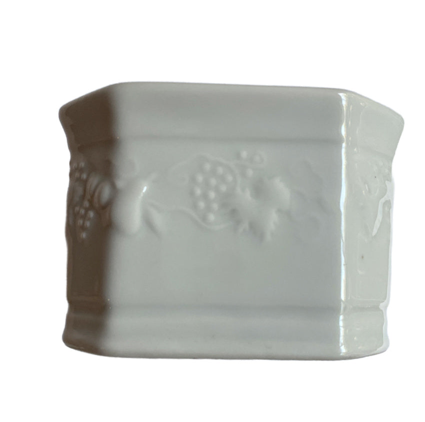 Lourioux, Le Faune, French porcelain, 1930s, small pâté tureen, covered tureen, fruit motif, Art Deco porcelain, white porcelain, French tableware, collectible ceramics, French kitchen décor, small French tureen, French country décor