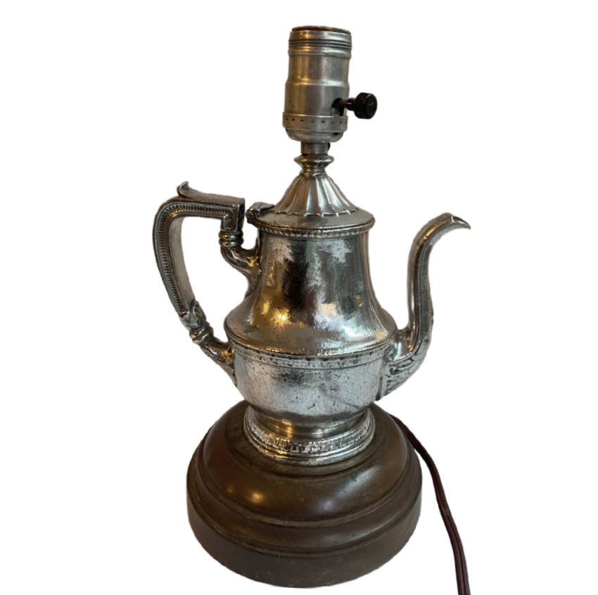Vintage 1940s hotel silver coffee pot lamp on wood base, elegant and rare, a romantic accent inspired by the golden age of grand European hotels.