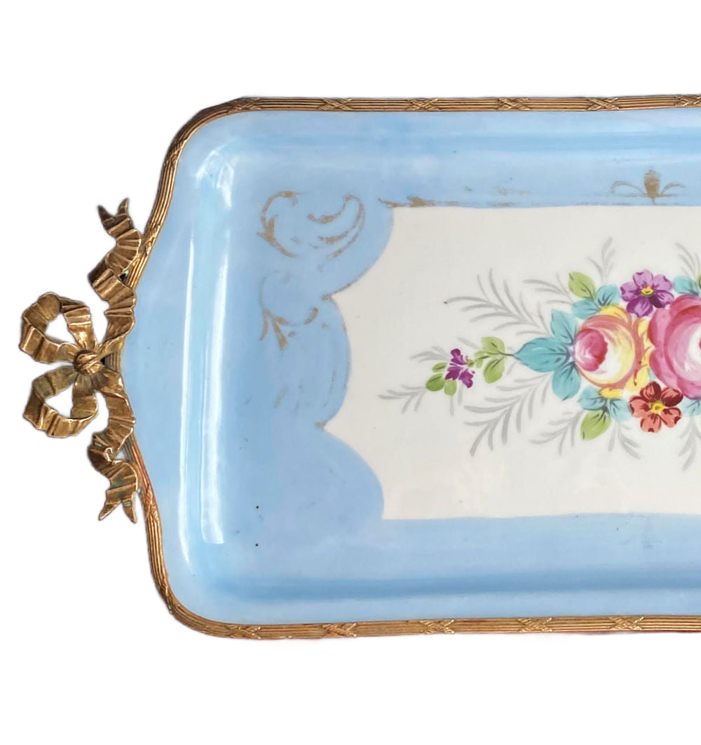 19th Century French Limoges Hand Painted Roses Ormulo Mounted Tray