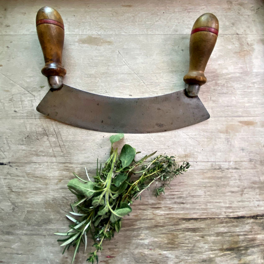 19th Century Metal & Oak Mezzaluna Herb Chopper