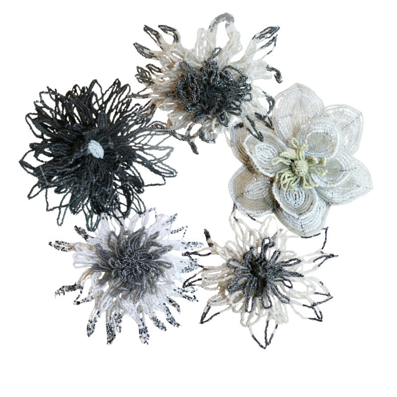 Antique French Hand Made Large Glass Beaded Flower Black & White