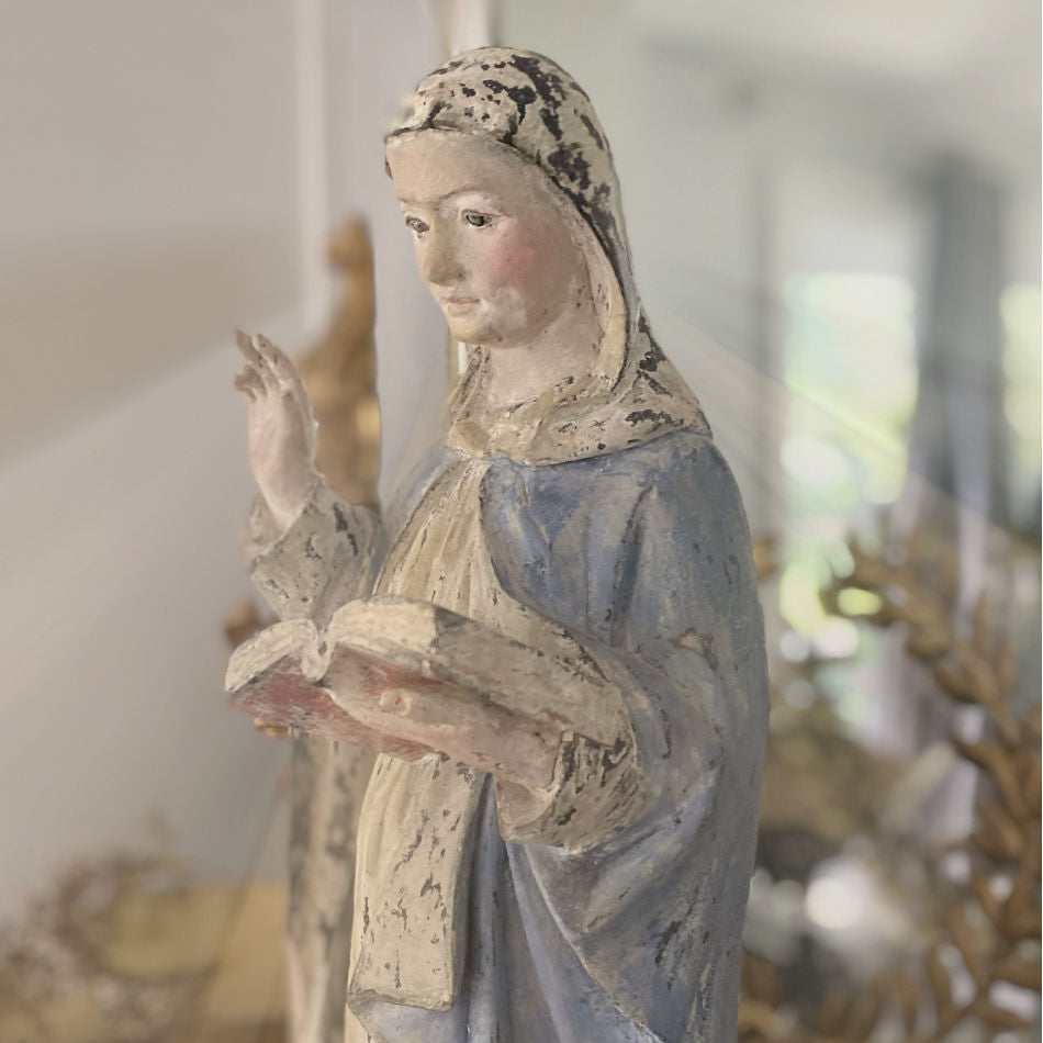 Close up of the face of a 19th Century French Colonial Polychrome St Theresa of Avila, made of carved wood, and a layer of gesso under the painted finish. Exceptional!